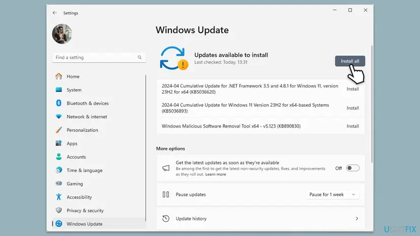 Windows 11 Settings at Windows Update with updates available to install and the Install all button highlighted