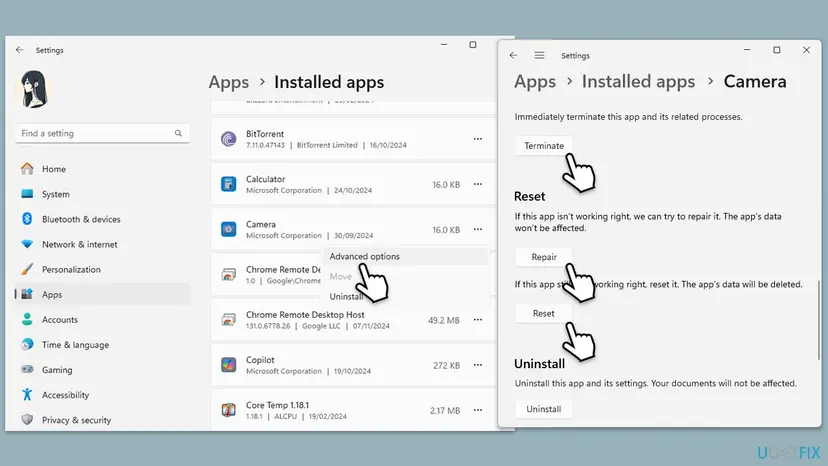 Windows 11 Settings at Apps, Installed apps, Camera with the Terminate, Repair and Reset buttons and the Uninstall section