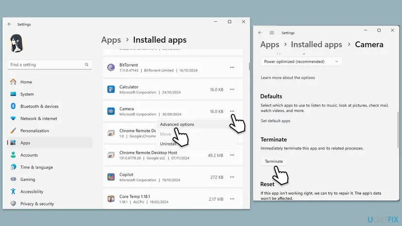 Windows 11 Settings at Apps, Installed apps with the Camera app's Advanced options menu and the Terminate button on its settings page