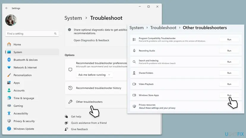 Windows 11 Settings at System, Troubleshoot, Other troubleshooters with the Run button next to Windows Store Apps