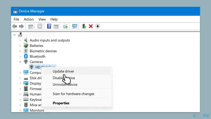 Device Manager with Cameras expanded and the right-click menu of HD WebCam showing Update driver, Disable device, Uninstall device and Scan for hardware changes
