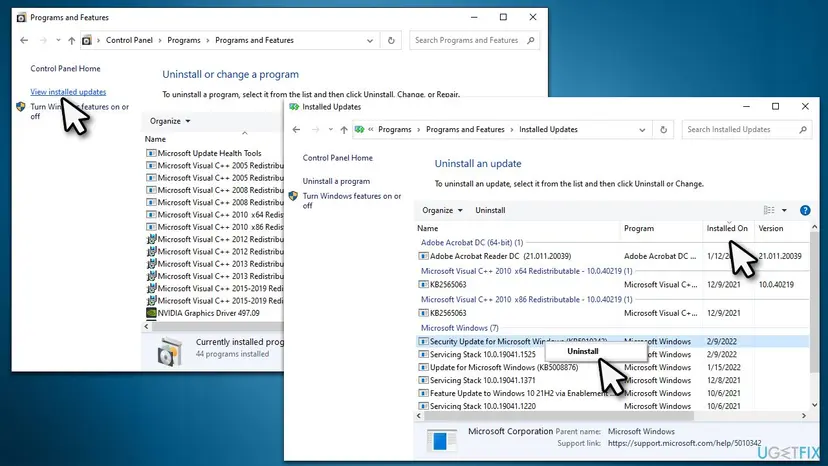 Control Panel Programs and Features with View installed updates, and the Installed Updates list sorted by Installed On with Uninstall on a security update