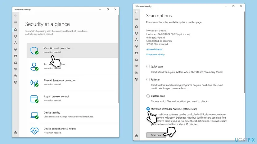 Windows Security showing Virus and threat protection with the Microsoft Defender Antivirus offline scan option
