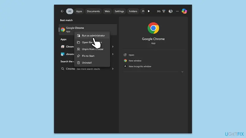 Windows search menu showing the Run as administrator option for Google Chrome in the list on the right