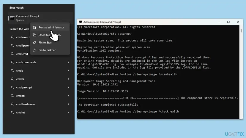 Command Prompt search result with Run as administrator beside the output of the SFC and DISM scans