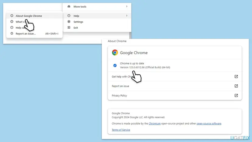Google Chrome menu leading to Help and About Google Chrome with the update status screen below it