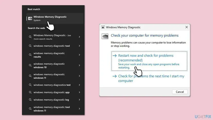 Windows 11 search result for Windows Memory Diagnostic and its window with Restart now and check for problems selected