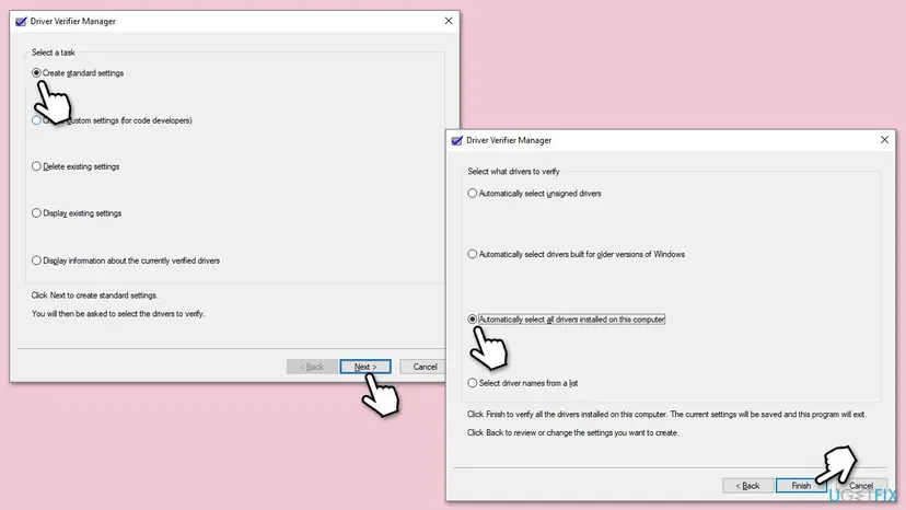 Driver Verifier Manager windows with Create standard settings and the driver selection page, Finish button marked