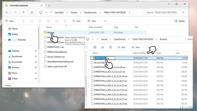 File Explorer with the Expedition 33 save folder, the Backup folder and a list of dated EXPEDITION_0 backup files being renamed to EXPEDITION_0.sav