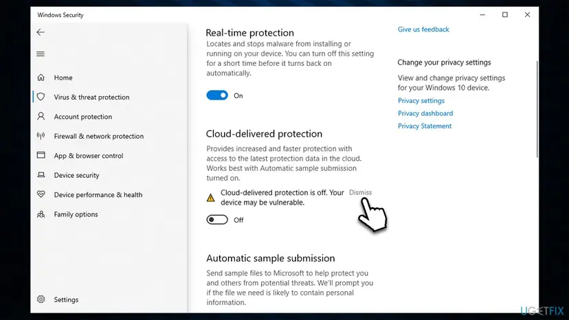 Windows Security Manage settings page with the Cloud-delivered protection switch Off, the warning text and the Dismiss link selected