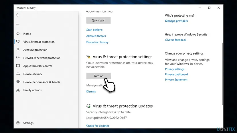 Windows Security, Virus & threat protection page with the warning Cloud-delivered protection is off. Your device may be vulnerable and the Turn on button under it