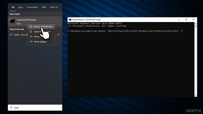 Windows search for cmd with Run as administrator selected and an Administrator Command Prompt window open next to it