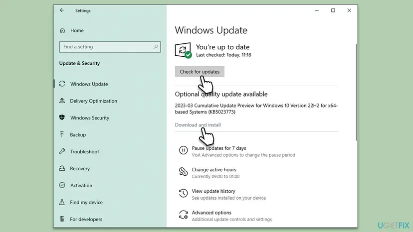 Windows 10 Settings, Windows Update page with Check for updates selected and an optional cumulative update preview with Download and install