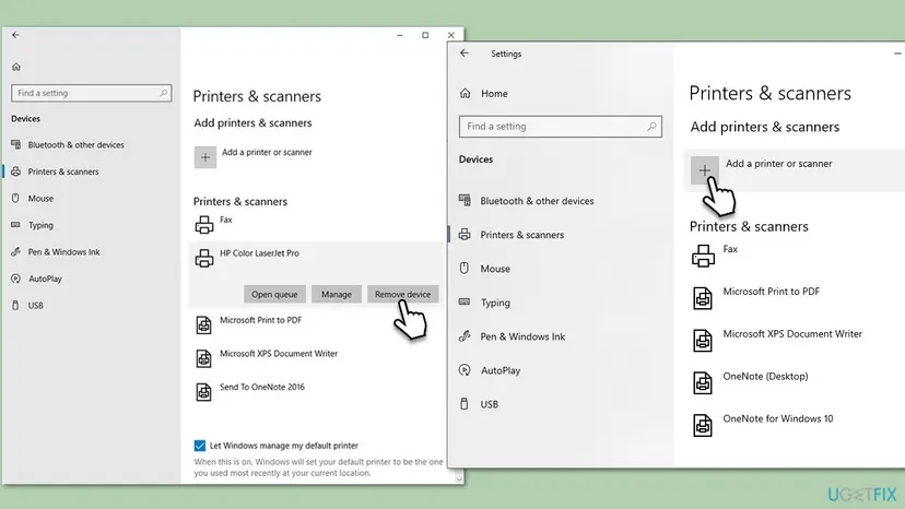 Windows 10 Settings, Printers and scanners page, with Remove device under an HP printer and then Add a printer or scanner selected
