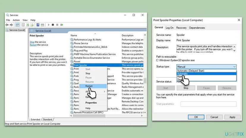 Services window with Print Spooler selected and the right-click menu on Restart, next to Print Spooler Properties with Startup type set to Automatic