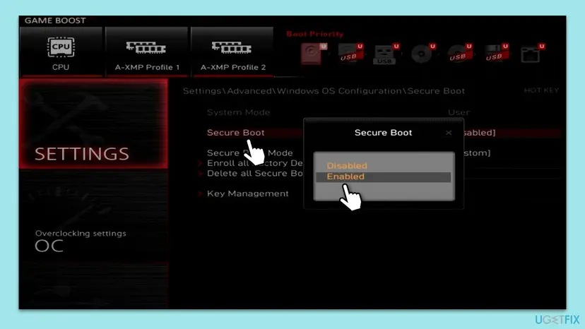 MSI firmware settings at Advanced, Windows OS Configuration, Secure Boot with the Secure Boot option set to Enabled in a pop-up