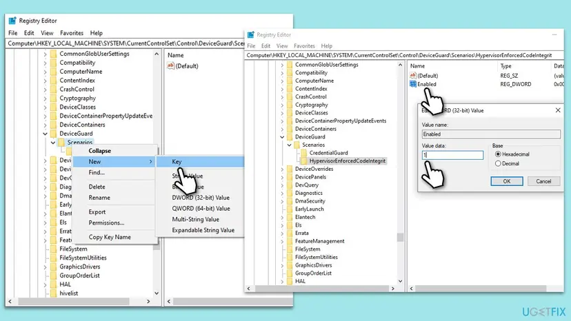 Registry Editor with a new key under DeviceGuard Scenarios and the Enabled DWORD value of HypervisorEnforcedCodeIntegrity being set to 1