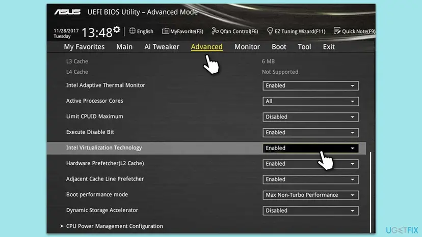 ASUS UEFI BIOS Utility in Advanced Mode with the Advanced tab open and Intel Virtualization Technology set to Enabled
