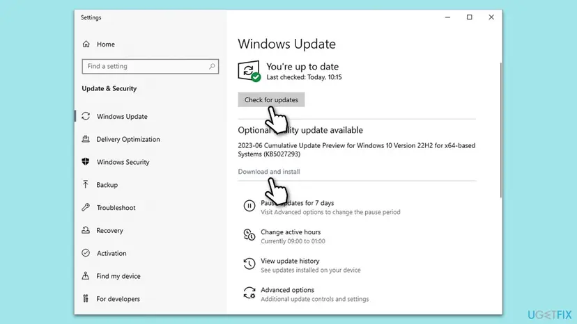 Windows 10 Settings, Update and Security, Windows Update page with Check for updates and an optional quality update with Download and install