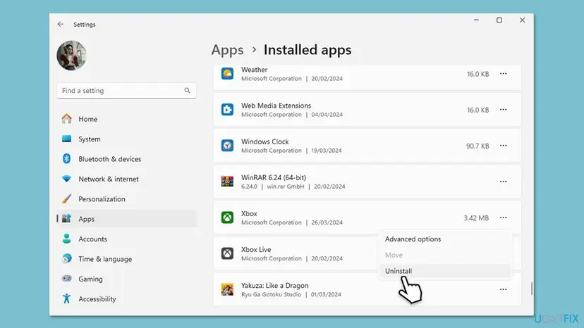 Windows 11 Settings on Apps, Installed apps, with the three-dot menu of a game open and the Uninstall command highlighted