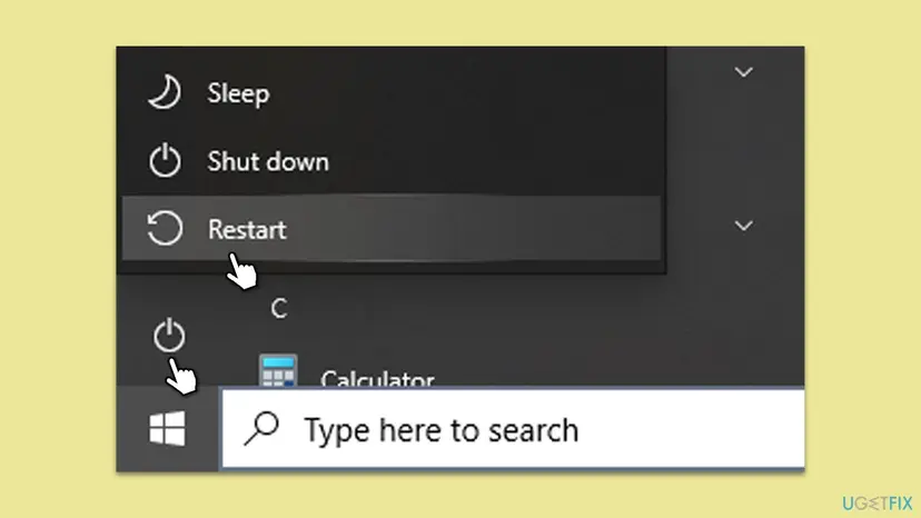 Windows Start menu with the Power button selected and the Restart option highlighted above Sleep and Shut down