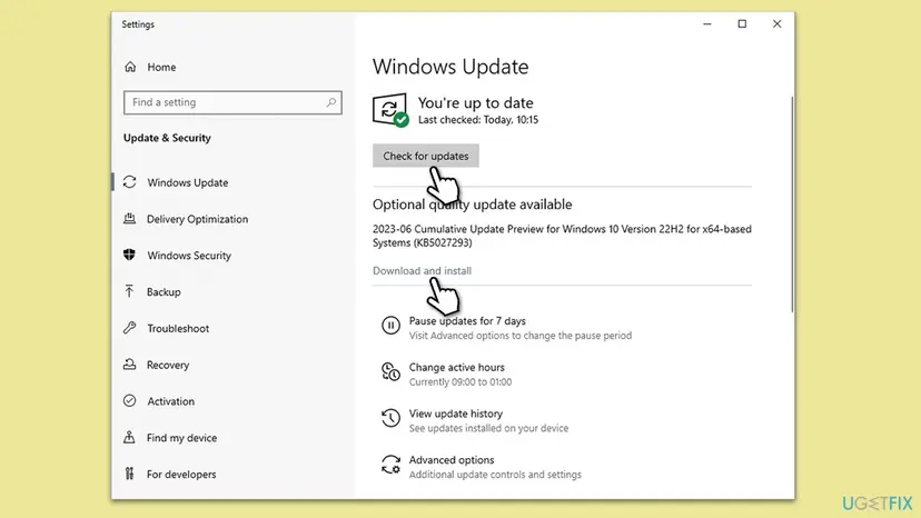 Windows 10 Settings on the Windows Update page with the Check for updates button and an optional quality update with a Download and install link