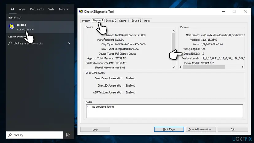 DirectX Diagnostic Tool on the Display 1 tab with an NVIDIA GeForce RTX 3060, Direct3D DDI 12 and Feature Levels starting at 12_1, opened from Windows search