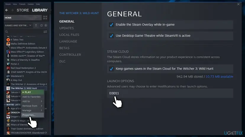 Steam Library with Properties chosen for a game and the General tab open, showing the Launch Options field near the bottom