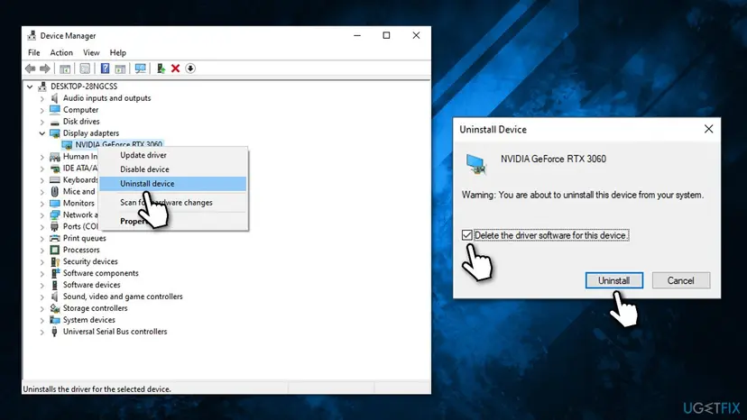 Device Manager with Display adapters expanded, Uninstall device chosen for an NVIDIA GeForce RTX 3060 and the Delete the driver software for this device box ticked