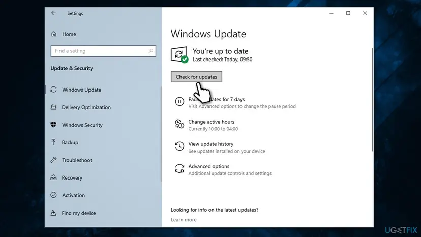 Windows 10 Settings on the Windows Update page under Update and Security with the Check for updates button