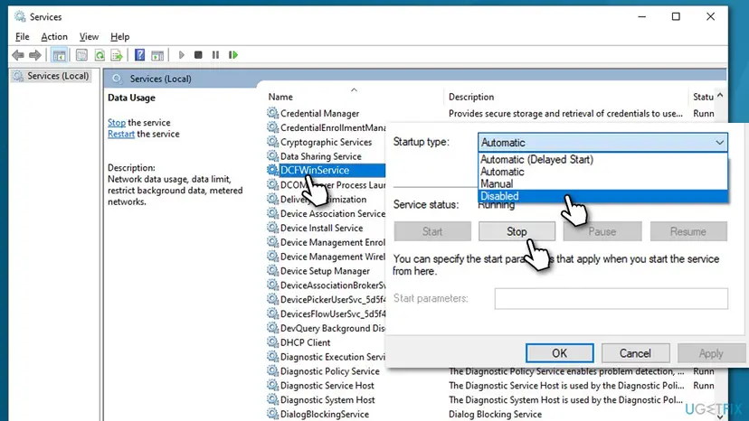 Windows Services console with DCFWinService selected and its properties open, startup type list showing Disabled and the Stop button