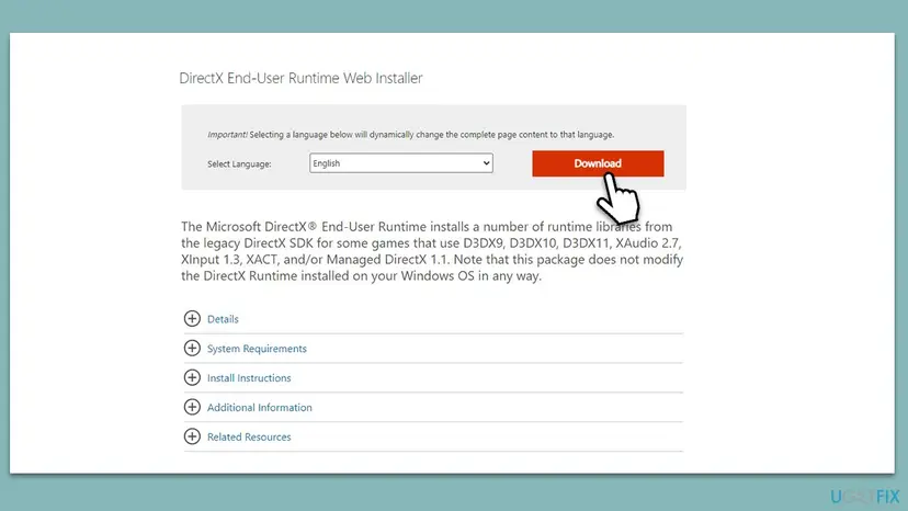 Microsoft Download Center page for the DirectX End-User Runtime Web Installer with the language list and the Download button