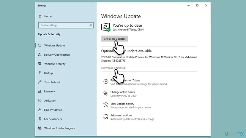 Windows 10 Settings window with Windows Update, the Check for updates button and the Download and install button