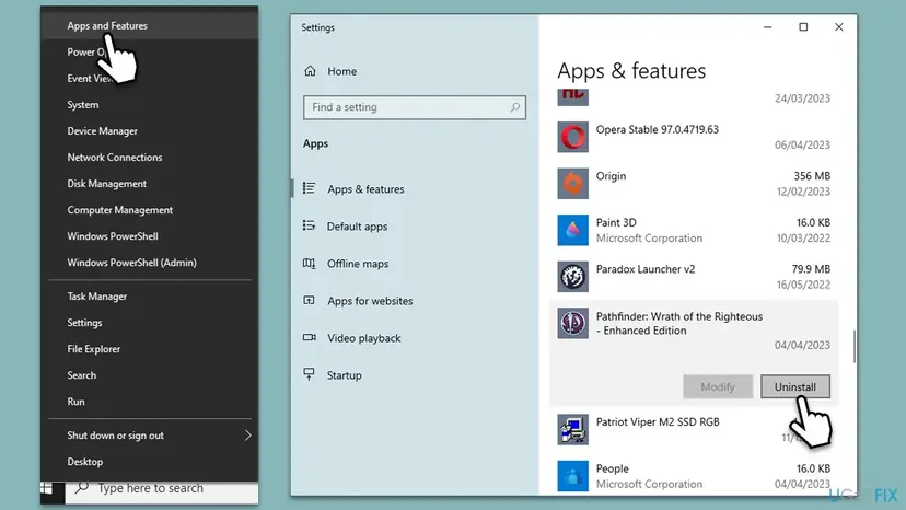 Windows 10 Start menu with Apps and Features and the Uninstall button for the affected app in the installed apps list
