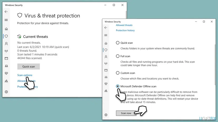 Windows Security Virus and threat protection scan options with Microsoft Defender Offline scan selected and the Scan now button