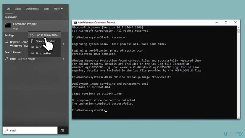 Start menu with Command Prompt and Run as administrator, next to an administrator Command Prompt running sfc and DISM commands