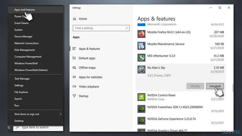 Windows 10 Settings, Apps and features list with a game selected and its Uninstall button, next to the Start button right-click menu with Apps and Features