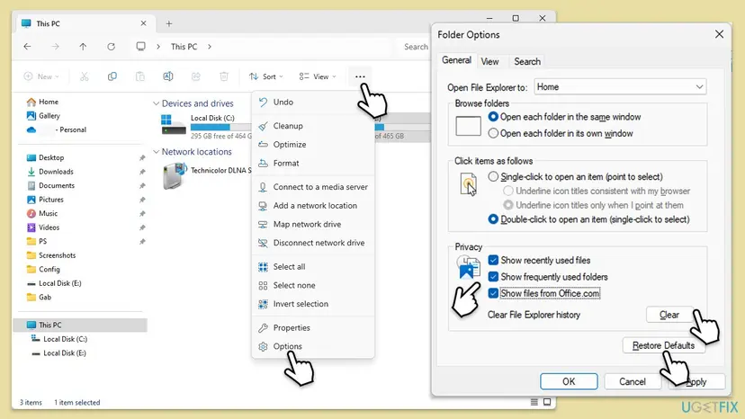 Windows 11 File Explorer with the See more menu open at Options, and the Folder Options General tab showing the Privacy section with Clear and the Restore Defaults button