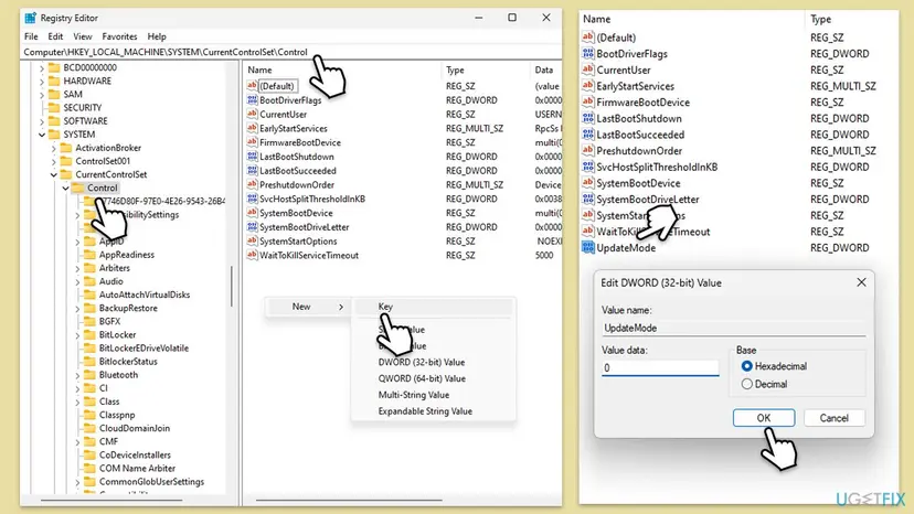 Registry Editor at HKEY_LOCAL_MACHINE SYSTEM CurrentControlSet Control with the New Key menu, and the Edit DWORD 32-bit Value dialog for UpdateMode with Value data 0