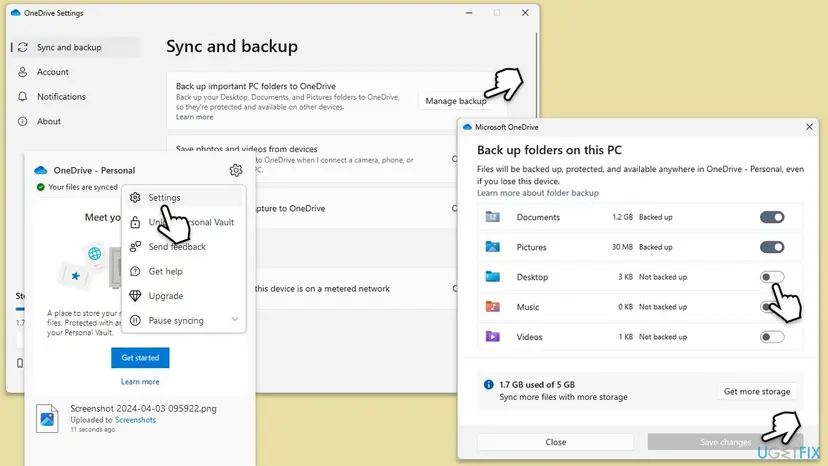 OneDrive Settings on the Sync and backup tab with Manage backup selected and the Back up folders on this PC dialog listing Documents, Pictures, Desktop, Music and Videos with toggles