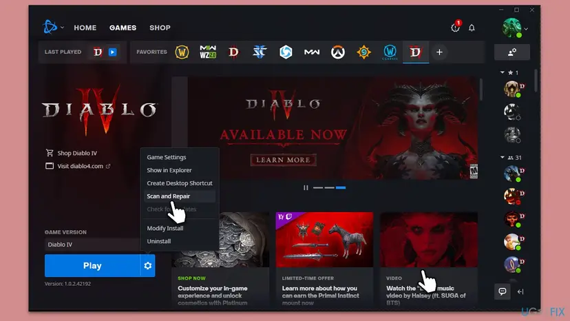 Battle.net app on the Diablo IV page with the cogwheel menu open next to the Play button, showing Scan and Repair, Check for Updates and Uninstall
