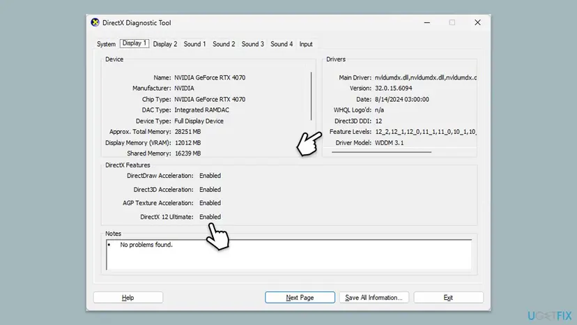 DirectX Diagnostic Tool on Windows 11, Display 1 tab with an NVIDIA GeForce RTX 4070, Direct3D DDI 12, Feature Levels from 12_2 down, Driver Model WDDM 3.1 and DirectX 12 Ultimate Enabled