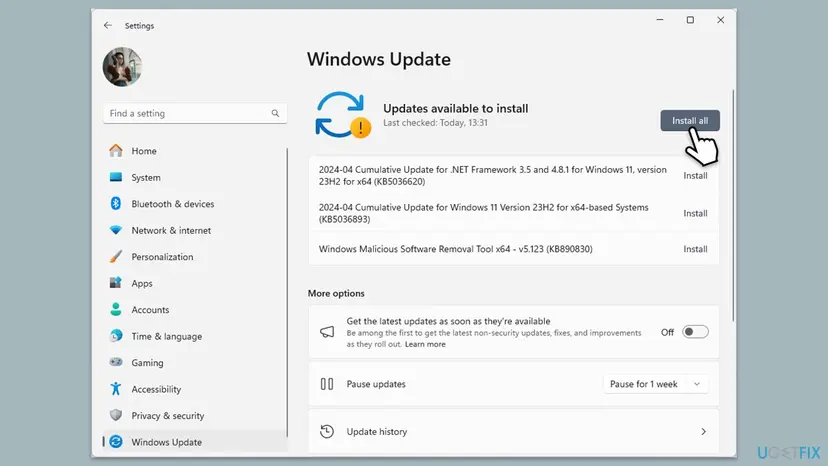 Windows 11 Settings on the Windows Update page with updates available to install and the Install all button highlighted