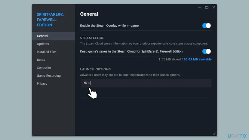 Steam game Properties window on the General tab, with the Launch Options box under the Steam Cloud setting and a launch option typed in it