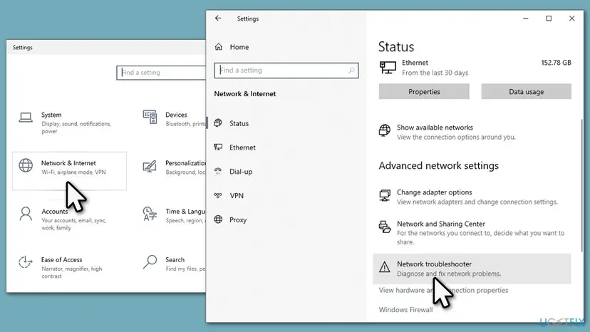 Windows 10 Settings, Network and Internet Status page with Network troubleshooter under Advanced network settings