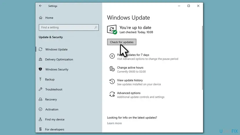 Windows 10 Settings on the Windows Update page under Update and Security with the Check for updates button and the You're up to date status