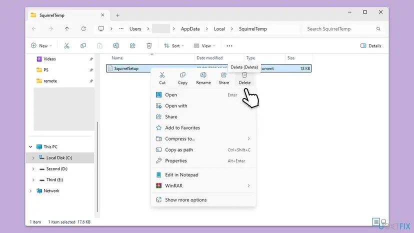 File Explorer showing the SquirrelTemp folder in AppData Local with the SquirrelSetup file selected and Delete chosen