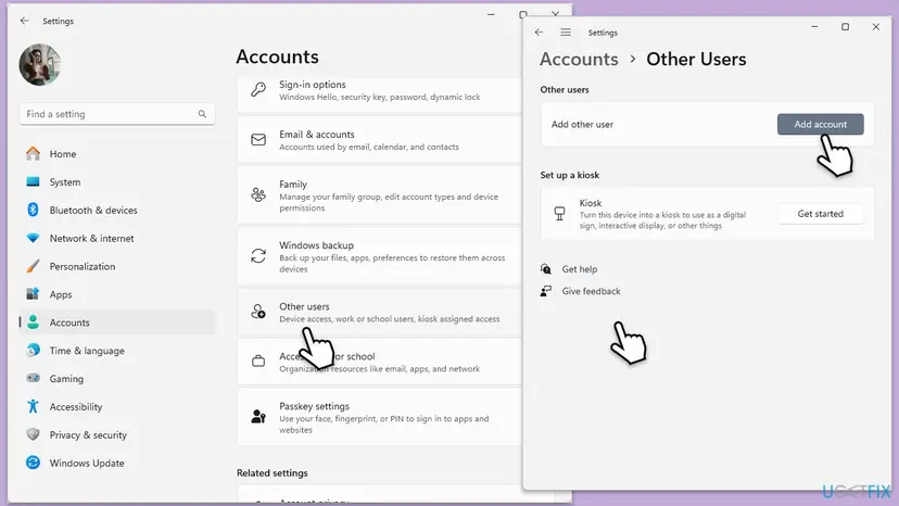 Windows 11 Settings, Accounts, Other users page with the Add account button highlighted next to Add other user