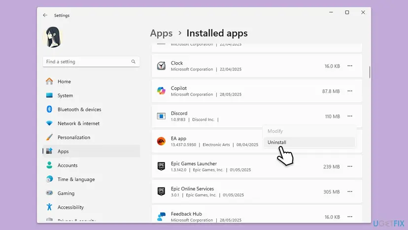 Windows 11 Settings, Apps, Installed apps with the Discord 1.0.9183 entry menu open and Uninstall selected