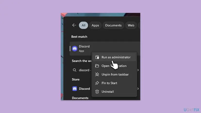 Windows 11 Start menu search for Discord with the right-click menu open and Run as administrator highlighted